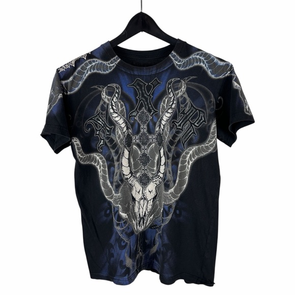 Mens Y2K Xzavier All Over Print Horn Logo Grunge Goth Graphic Shirt Size S - Picture 1 of 9